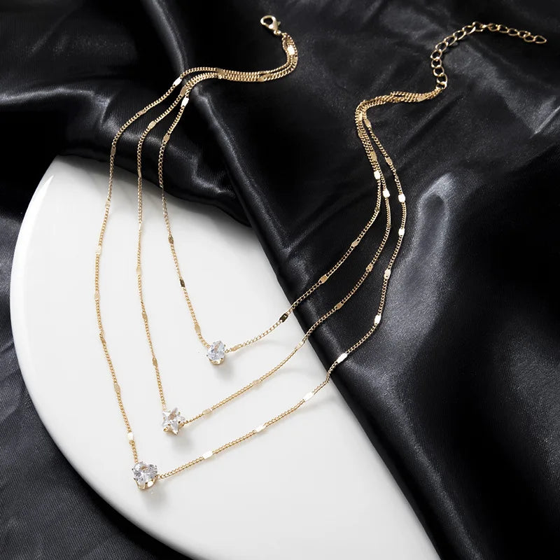 Collier Multi-Rangs Pendentif Zircon - Bijou Femme Tendance Choker