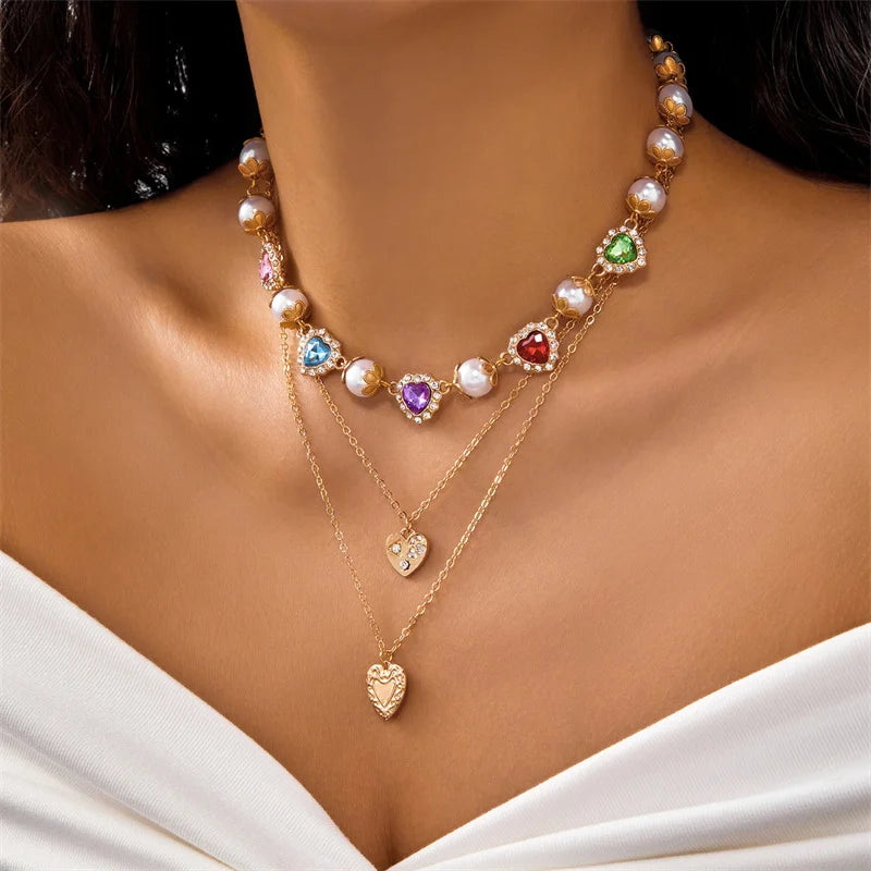 Collier de Luxe en Strass Cœur d'Amour Perles - Chaîne Multi-Rangs Y2K Mariage