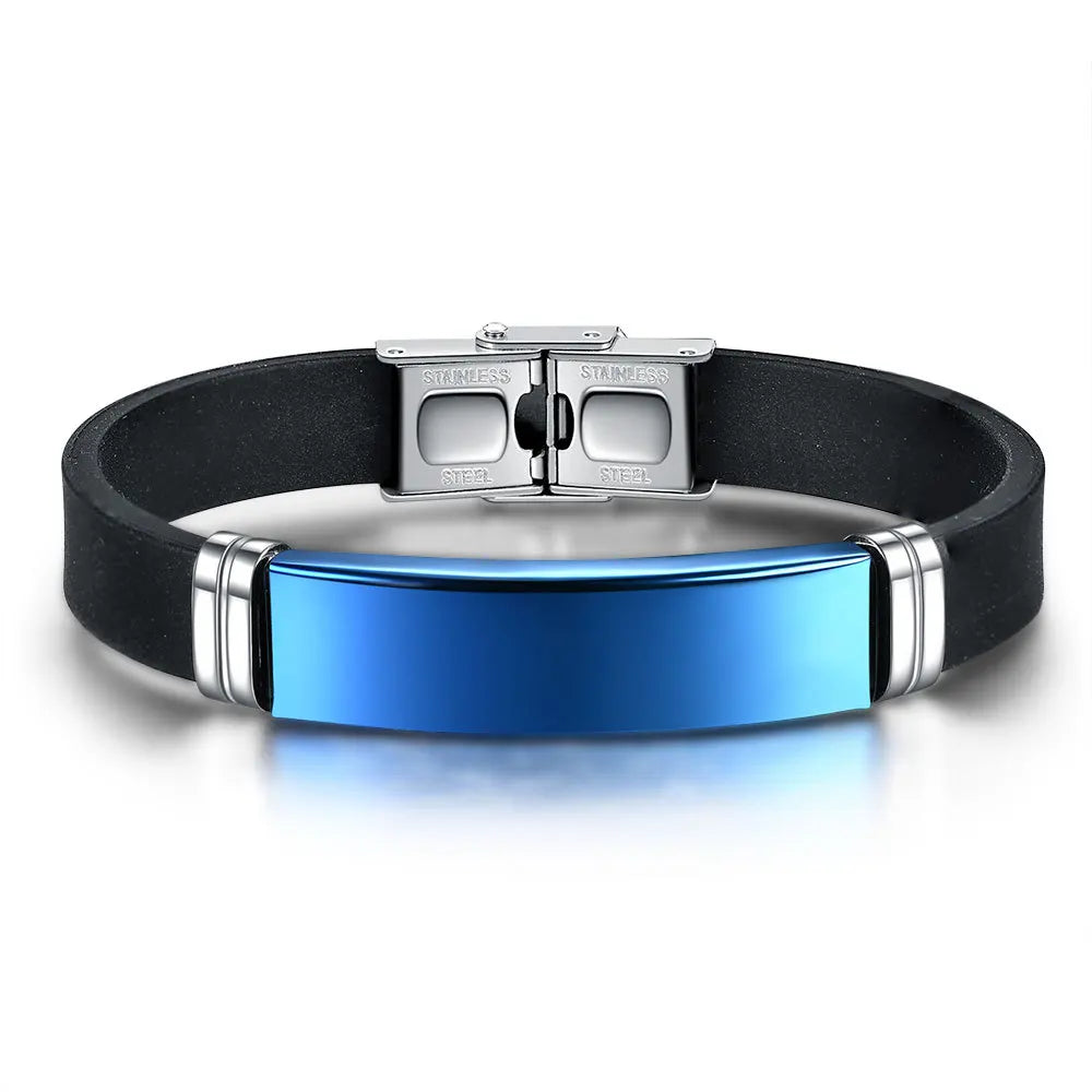 Bracelet Homme Silicone Noir Acier Inoxydable - ID Classique 22cm