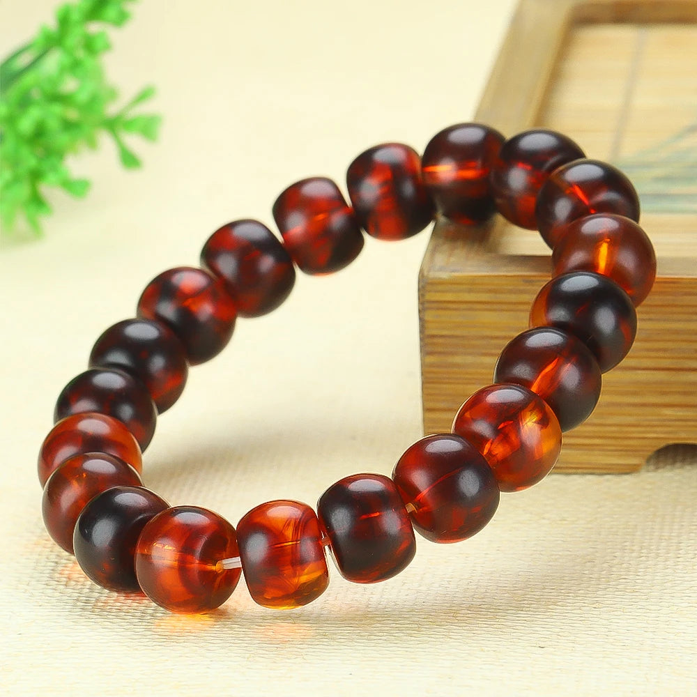 Bracelet Ambre Rouge Naturel Homme Femme - Pierre Guérison Baltique Perles Tonneau Unisexe