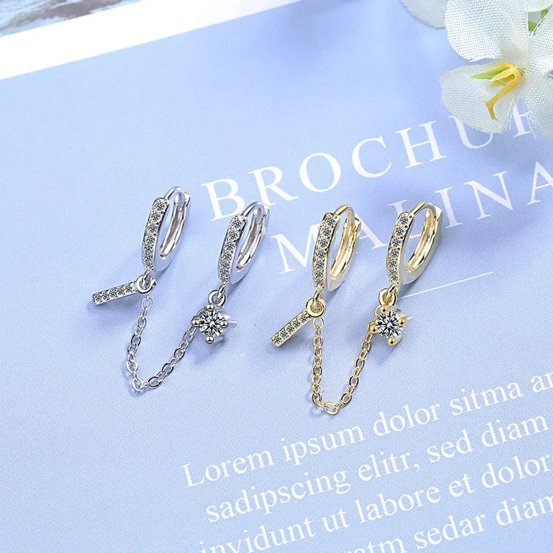 Boucles d'Oreilles Femmes Double Trou Chaîne Cristal - Bijou Femme Tendance