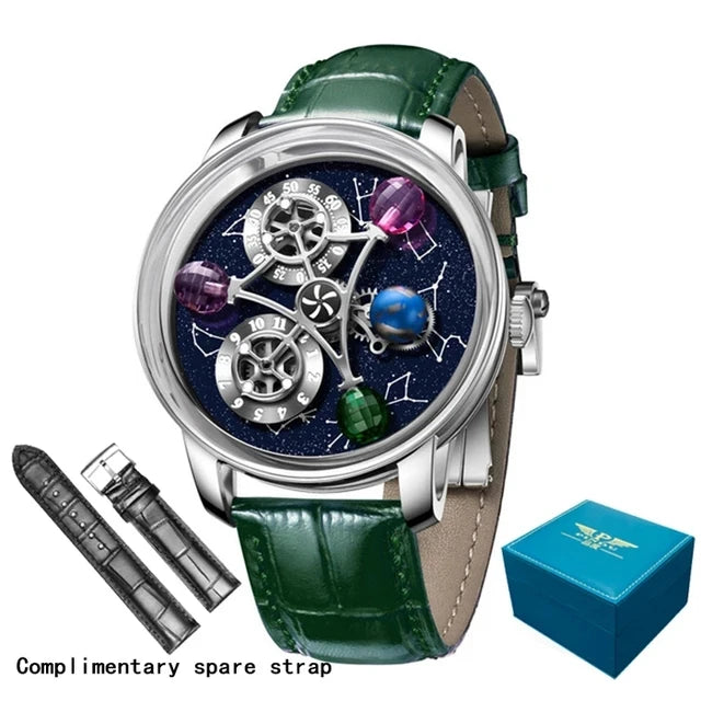 PINDU - Montre Homme Mécanique Automatique Squelette - 12 Constellations - Verre Saphir - Bracelet Maille Acier