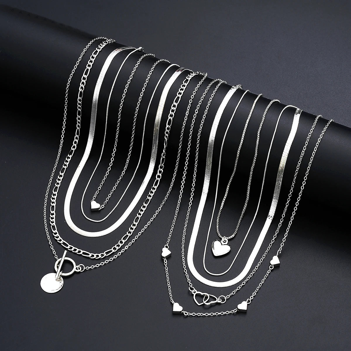 Ensemble 10 Colliers Pendentifs Empilables Femme - Cœur Multi-Rangs Tendance