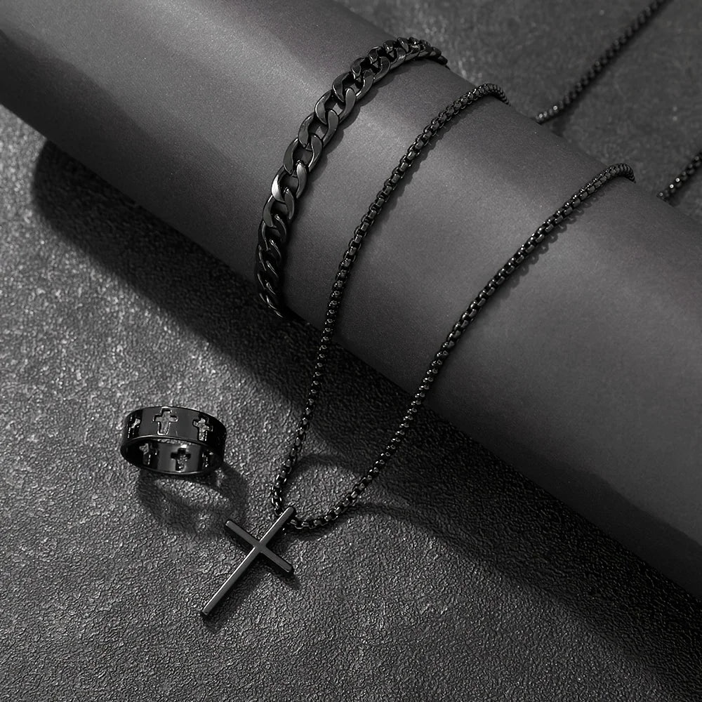 Ensemble Bijoux Homme 3 Pièces Alliage - Collier Pendentif Croix, Bracelet & Bague