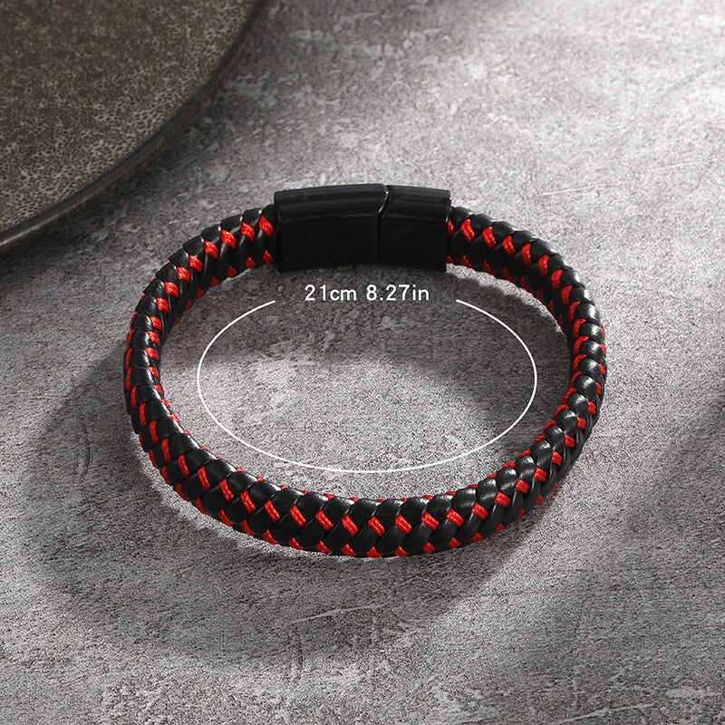 Bracelet Homme Cuir Véritable Tressé Noir - Fermoirs Magnétiques Acier Inoxydable Bangle