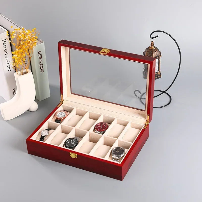Boîte à Montres Bois Finition Piano Laqué - 12 Emplacements - Rangement Luxe - Organisateur Bijoux