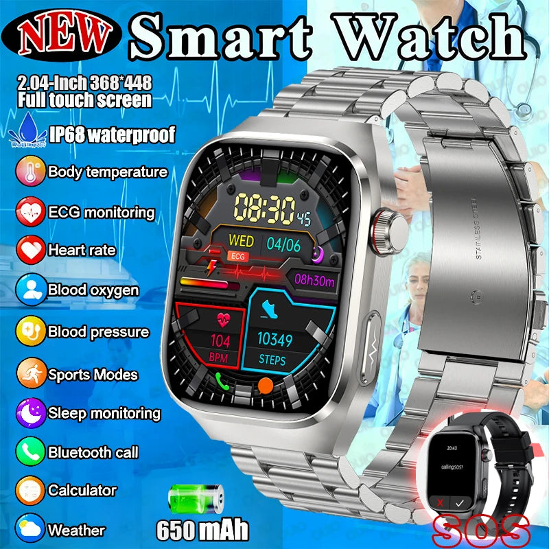 Montre Connectée Santé 2026 ECG - Lipides Sanguins, Acide Urique, Température, IP68, 650mAh, Appels BT