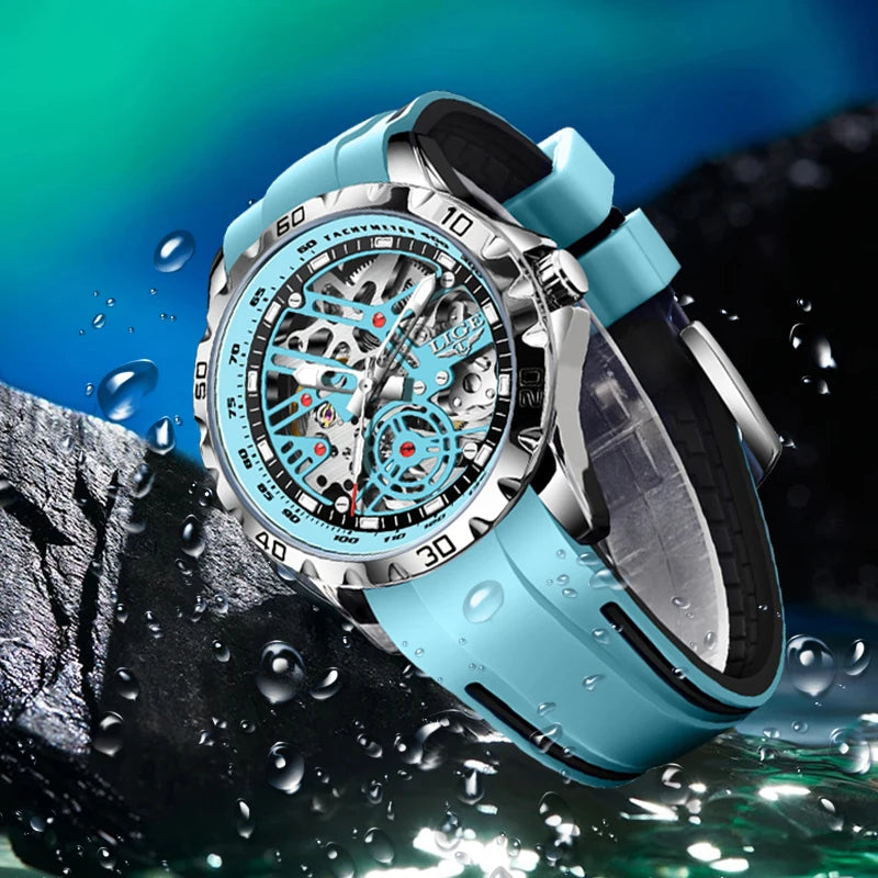 LIGE - Montre Homme Mécanique Automatique Squelette Tourbillon - Bracelet Silicone - Étanche 3 ATM