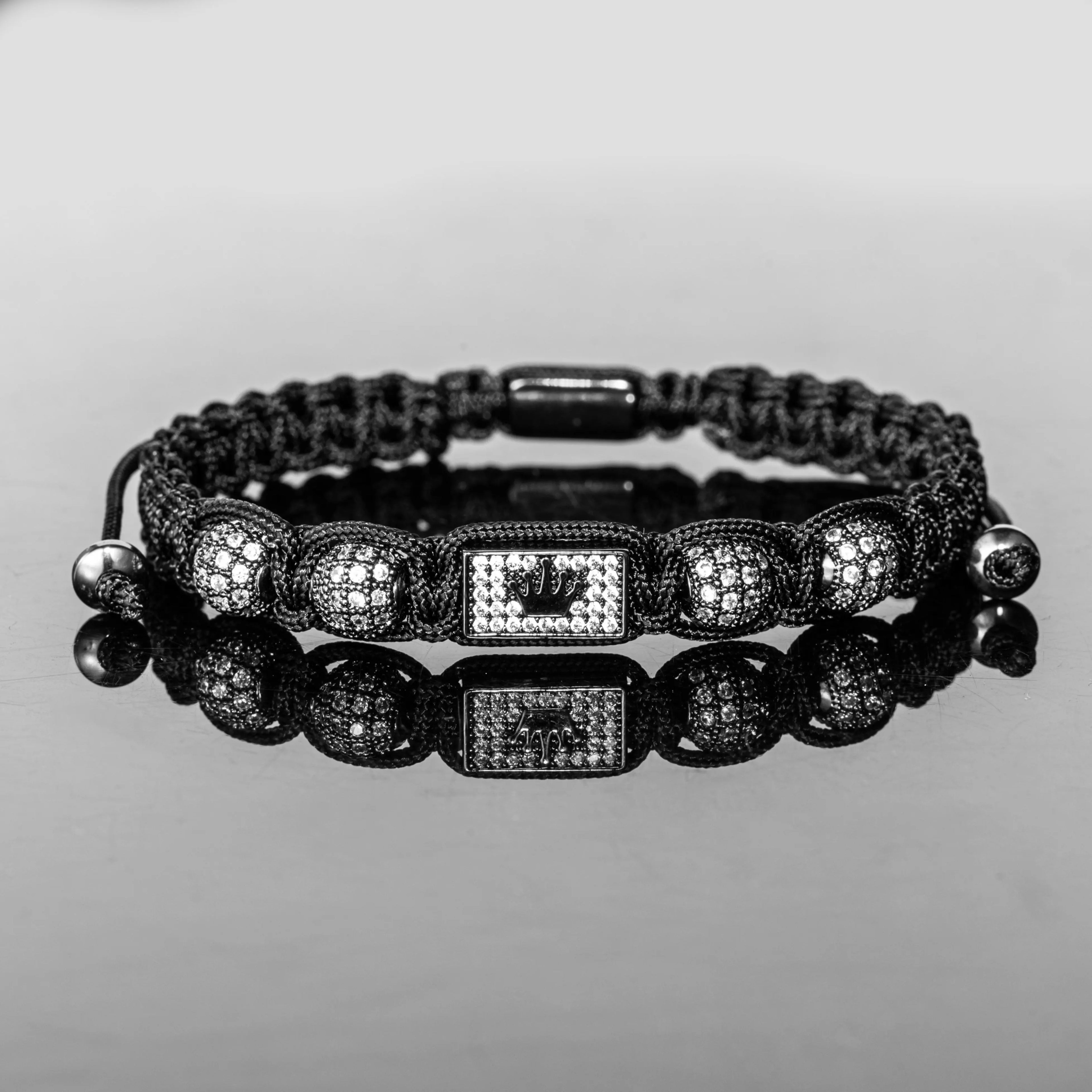 Bracelet Tressé Noir Ajustable Homme Design Couronne Zircones - Hip-Hop