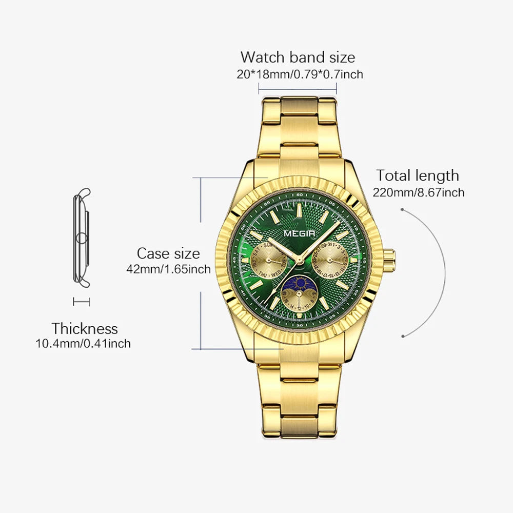 MEGIR - Montre Femme Phase de la Lune à Quartz en Acier Inoxydable Étanche