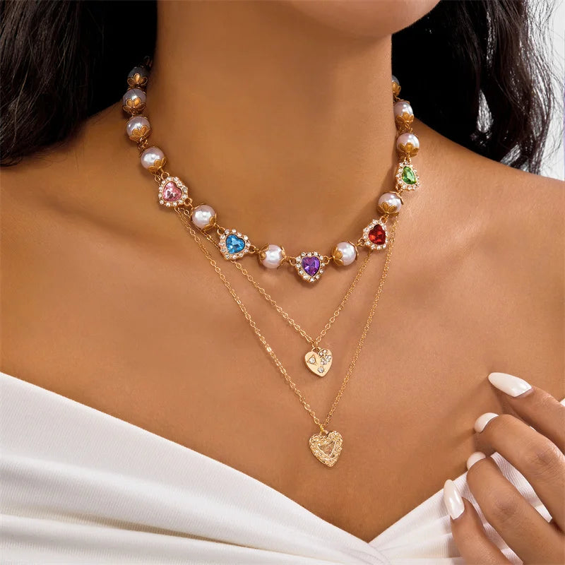 Collier de Luxe en Strass Cœur d'Amour Perles - Chaîne Multi-Rangs Y2K Mariage