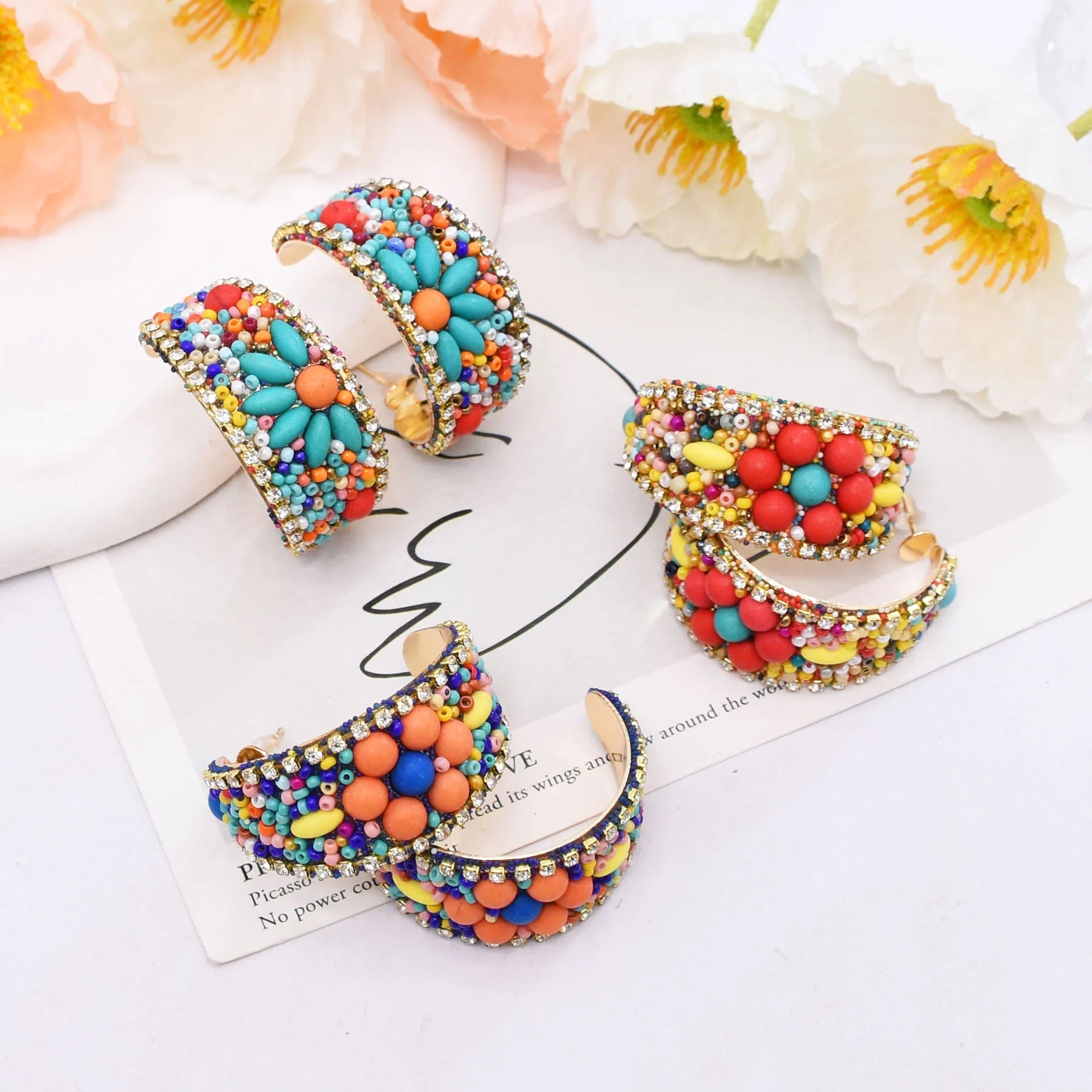 Boucles d'Oreilles Femmes Bohèmes Larges Turquoise - Bijou Femme Ethnique