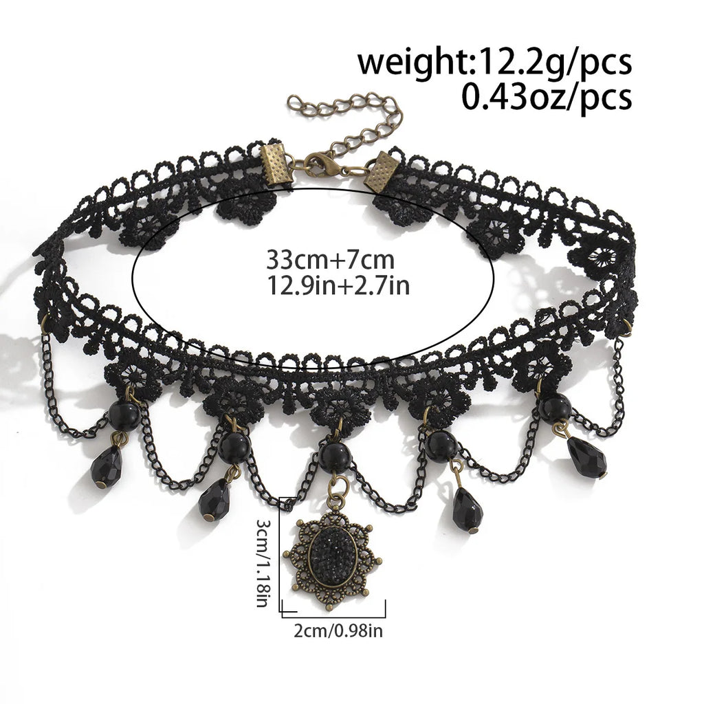 Collier Femme Ras du Cou Gothique Dentelle Noire Cristaux - Bijou Femme Y2K