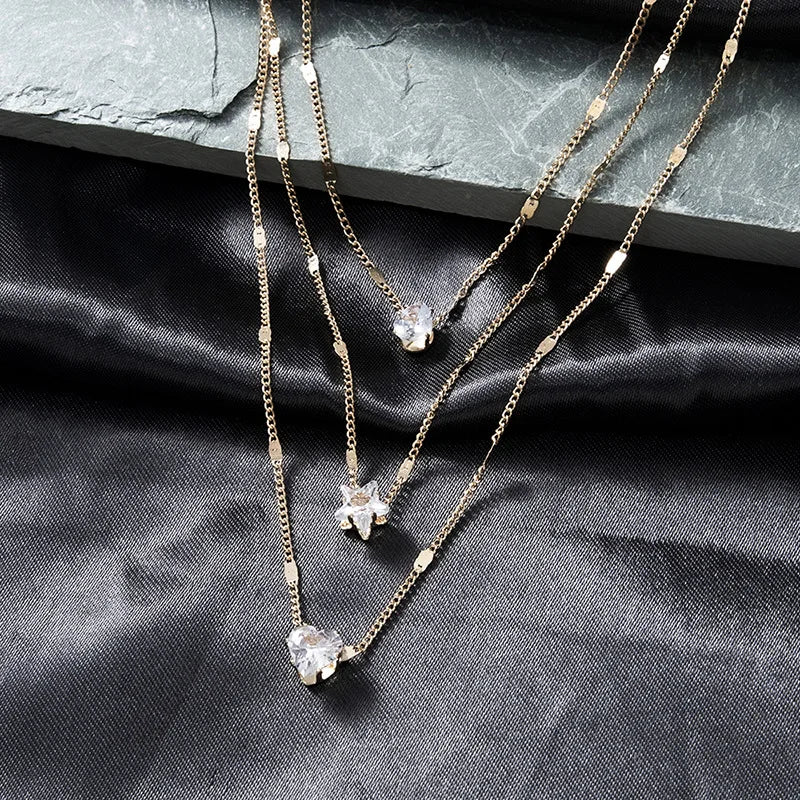 Collier Multi-Rangs Pendentif Zircon - Bijou Femme Tendance Choker
