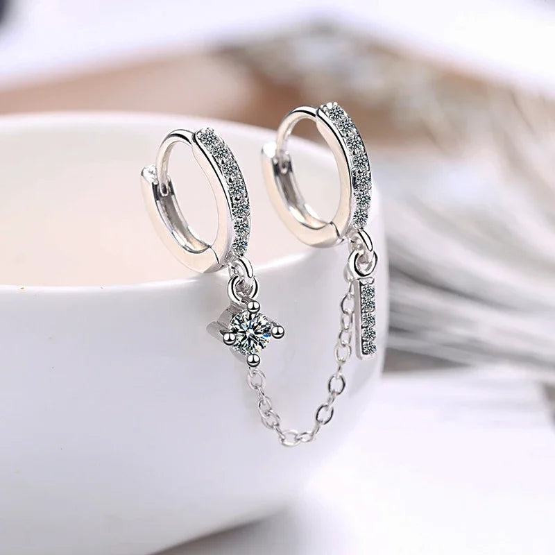 Boucles d'Oreilles Femmes Double Trou Chaîne Cristal - Bijou Femme Tendance