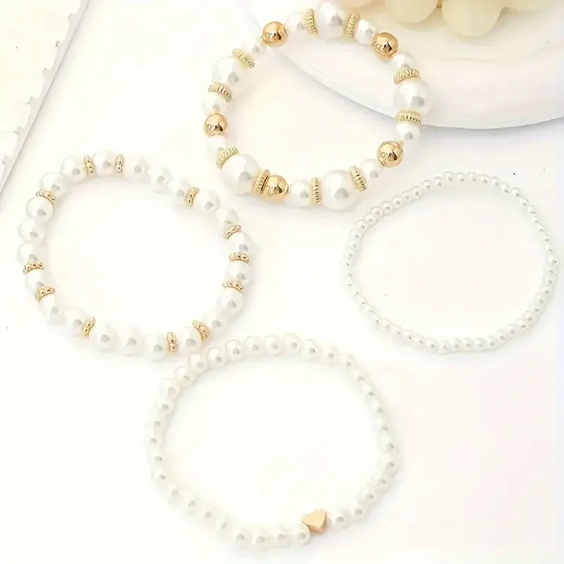 Ensemble 4 Bracelets Perles Blanches Design Doré Femme - Vintage Chic
