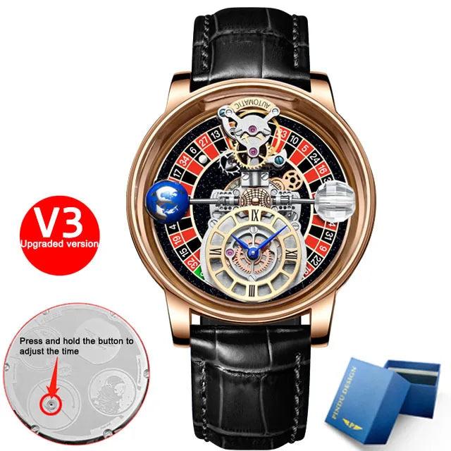 PINDU - Montre Homme Roulette Las Vegas - Design Astronomique Transparent - Quartz