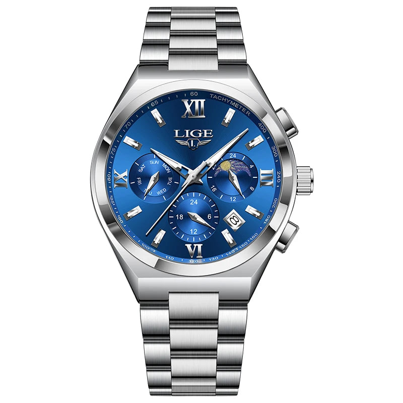 LIGE - Montre Femme Luxe Chronographe Phases de Lune - Bracelet Acier Bleu - Chiffres Romains - Étanche 3 ATM