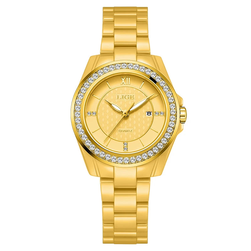Montre Femme LIGE 2026 Rose – Quartz Céramique Élégante, Calendrier & Étanche 3 ATM
