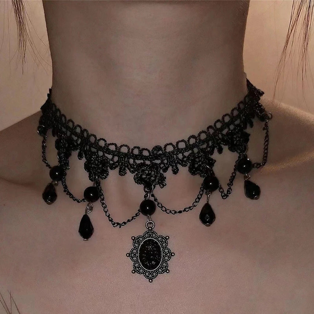 Collier Femme Ras du Cou Gothique Dentelle Noire Cristaux - Bijou Femme Y2K