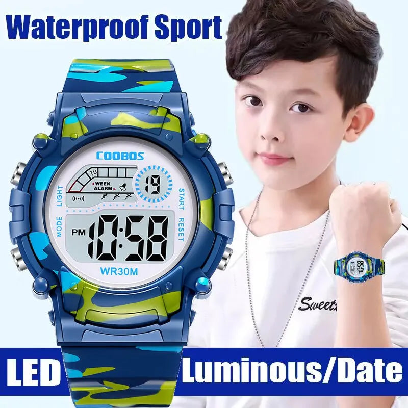MOONBIFFY - Montre Enfant Militaire Sport Digitale LED - Alarme - Lumineux - Étanche 3 ATM - Camouflage