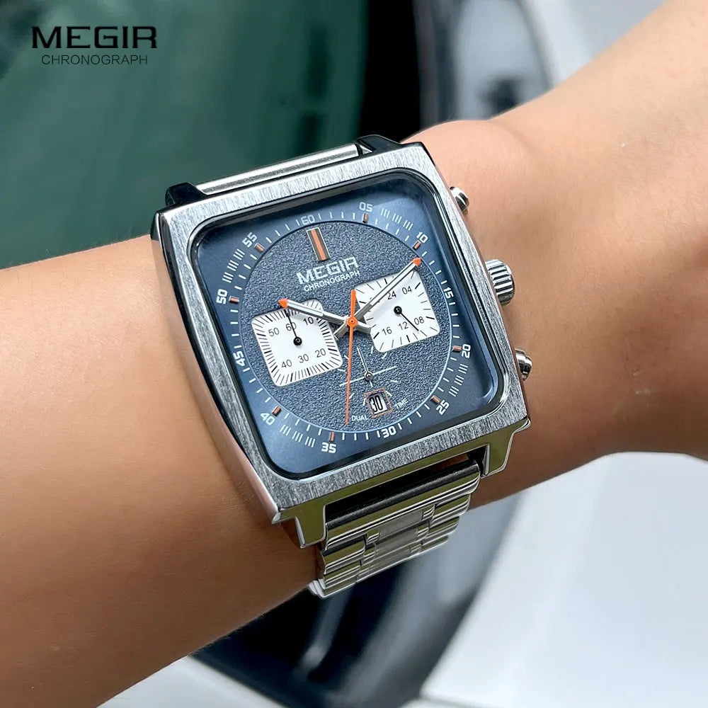 MEGIR - Montre Homme 2182 Sport Chronographe Carrée - Cadran Bleu - Bracelet Acier - 24H - Étanche 3 ATM