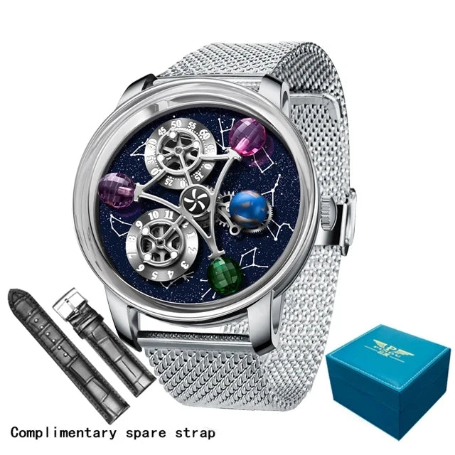 PINDU - Montre Homme Mécanique Automatique Squelette - 12 Constellations - Verre Saphir - Bracelet Maille Acier