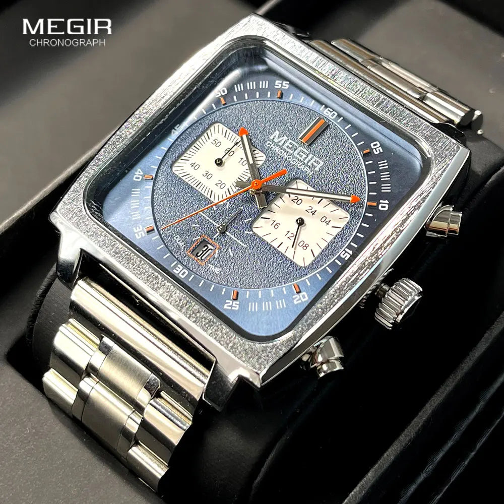 MEGIR - Montre Homme 2182 Sport Chronographe Carrée - Cadran Bleu - Bracelet Acier - 24H - Étanche 3 ATM