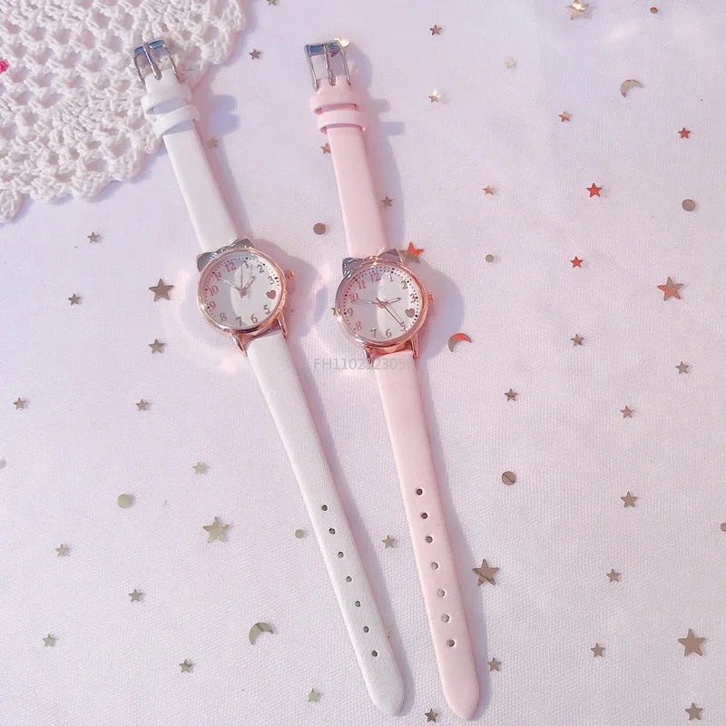 MOONBIFFY - Montre Enfant Fille + Bracelet Perles - Ensemble Cadeau - Bracelet Cuir Rose