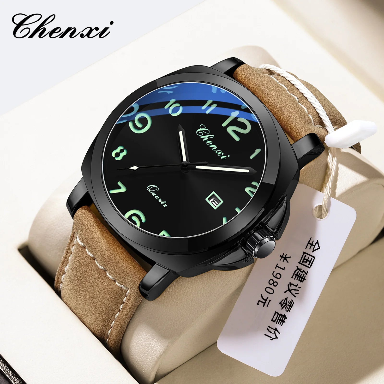Montre Homme Luxe CHENXI 2026 - Cuir Véritable, Date Lumineuse, Calendrier, Sport Quartz Étanche 3 ATM