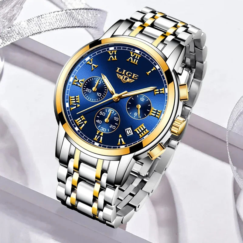 LIGE - Montre Femme Luxe Chronographe Bicolore Or/Argent - Cadran Bleu - Étanche 3 ATM