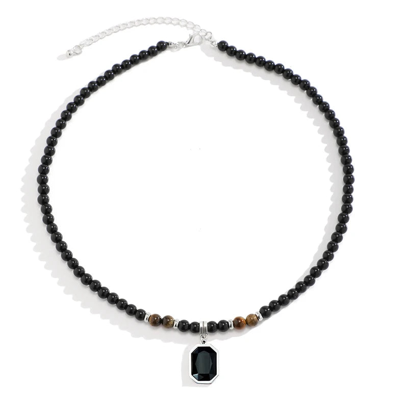Collier Perles Noires Pendentif Carré - Bijou Homme Tendance