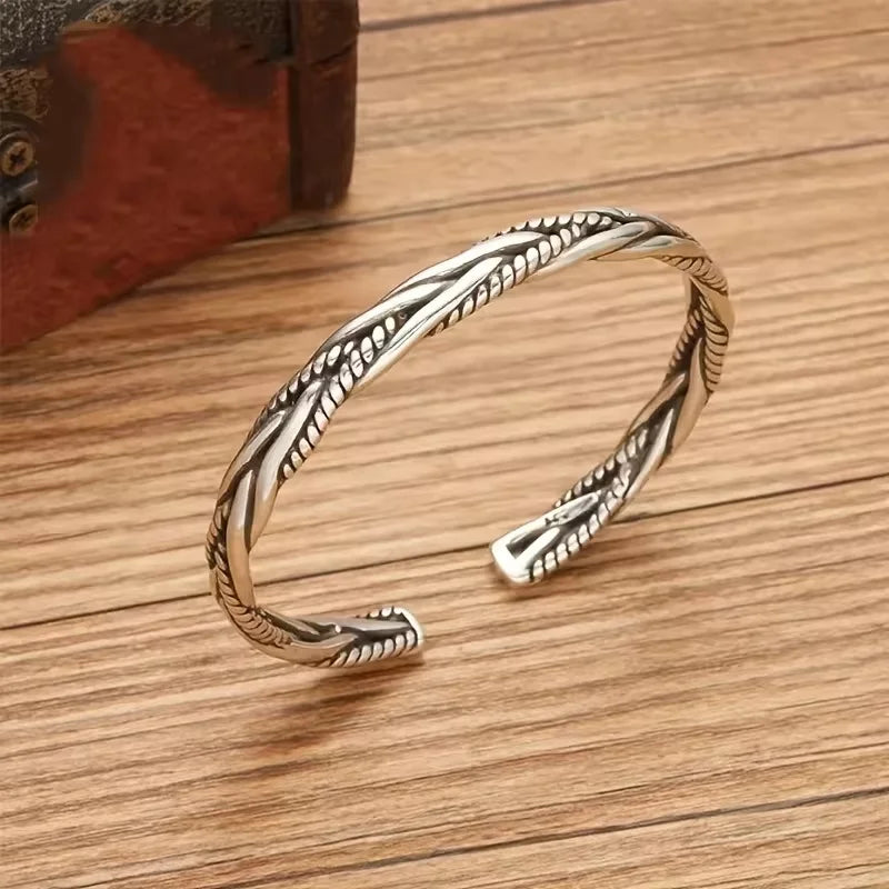 Bracelet Manchette Antique Argenté Torsadé Ajustable Unisexe