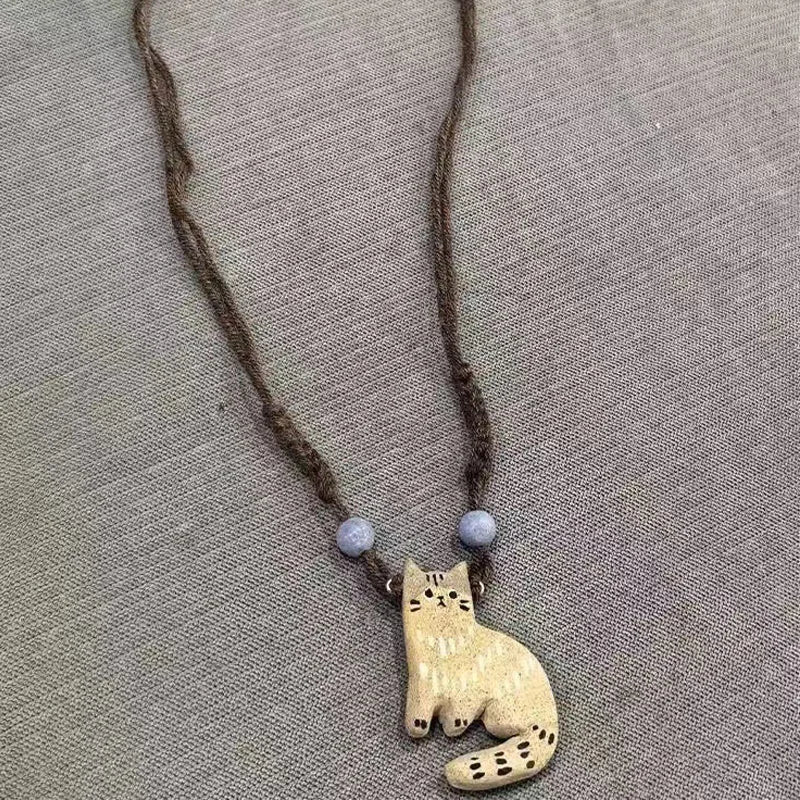 Collier Pendentif Chat Mignon Rétro Perles Étoiles - Bijou Femme Ethnique