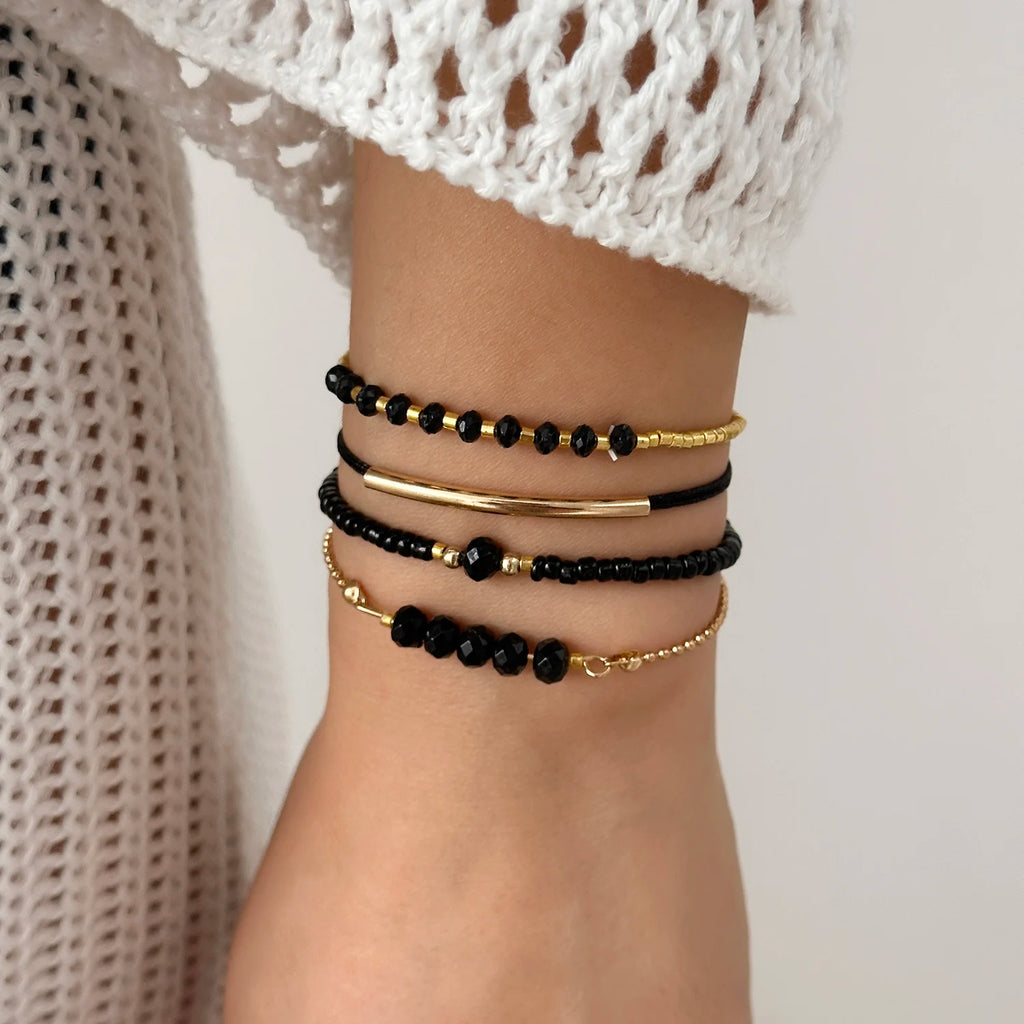 Bracelet Fait Main Perles Cristal Noir Femme - Minimaliste Élastique Été