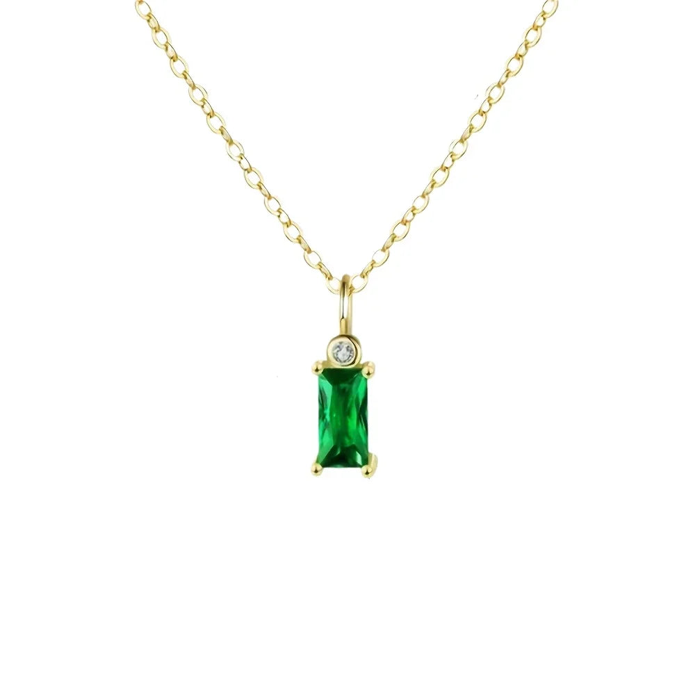 Collier Pendentif Argent Sterling 925 Zircon Émeraude - Plaqué Or 14K Vintage