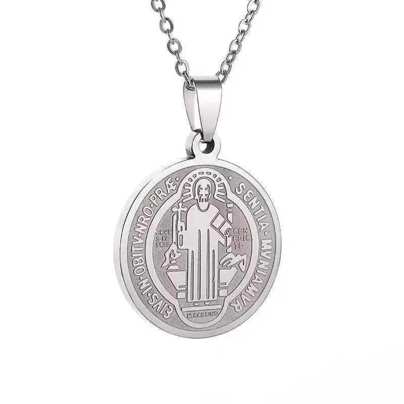 Collier Pendentif Médaille Ronde de Saint Benoît - Acier Inoxydable Vintage Punk Unisexe