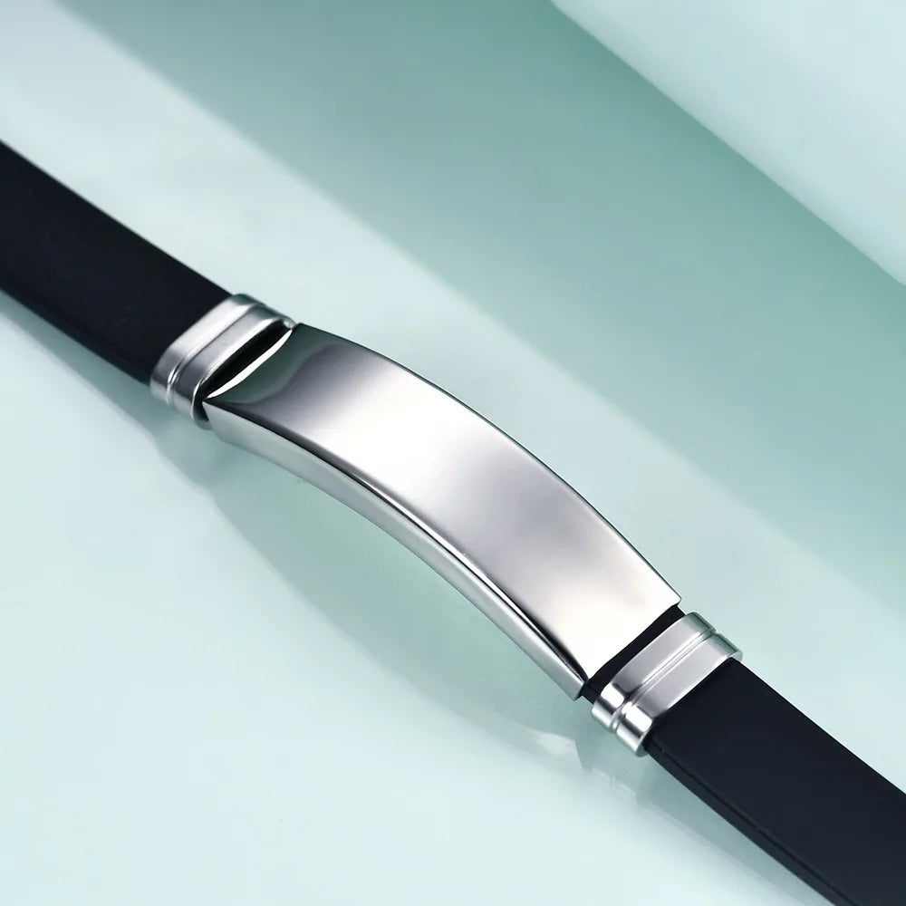 Bracelet Homme Silicone Noir Acier Inoxydable - ID Classique 22cm