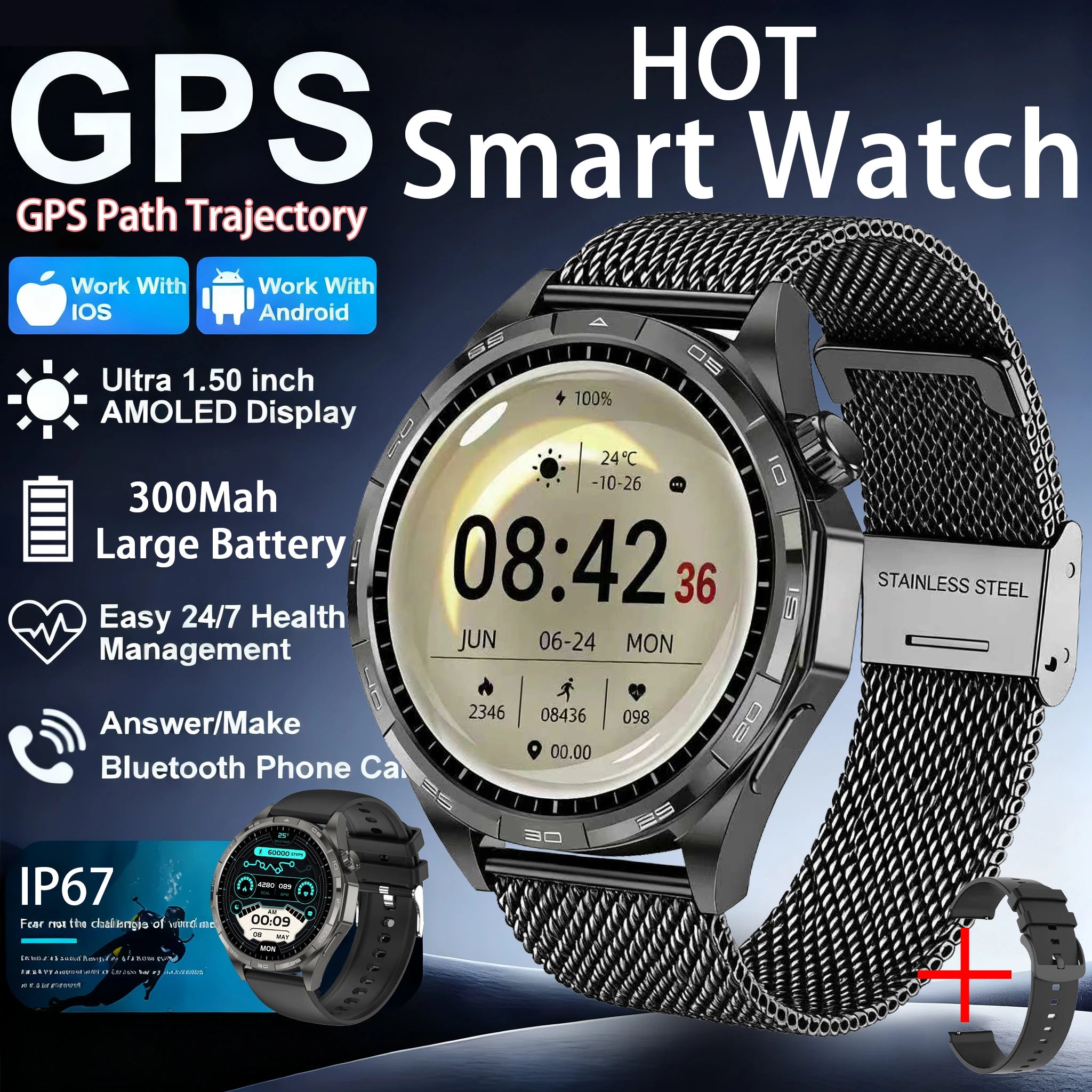 Montre Connectée Sport 2026 AMOLED NFC - Always Display, Appels Bluetooth, GPS, IP67, 30 Jours Autonomie