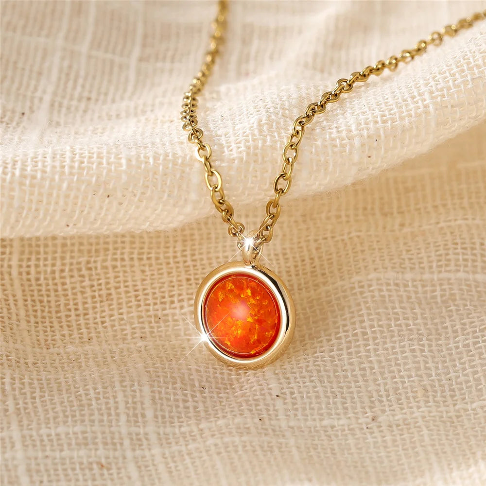 Collier de Luxe Pendentif Rond Pierre d'Opale Bleue Blanche - Vintage Couleur Or Mariage