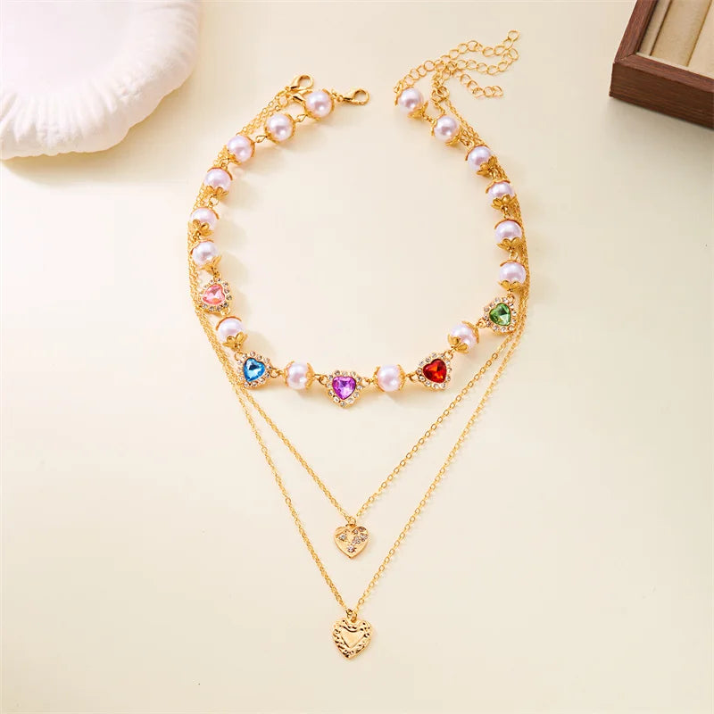 Collier de Luxe en Strass Cœur d'Amour Perles - Chaîne Multi-Rangs Y2K Mariage