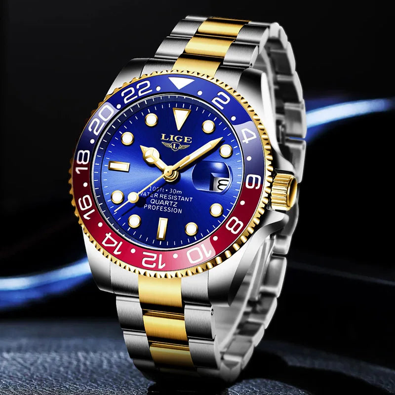LIGE - Montre Homme 2025 Lumineuse - Acier Bicolore Or/Argent - Lunette Bleue Rouge - Étanche 3 ATM