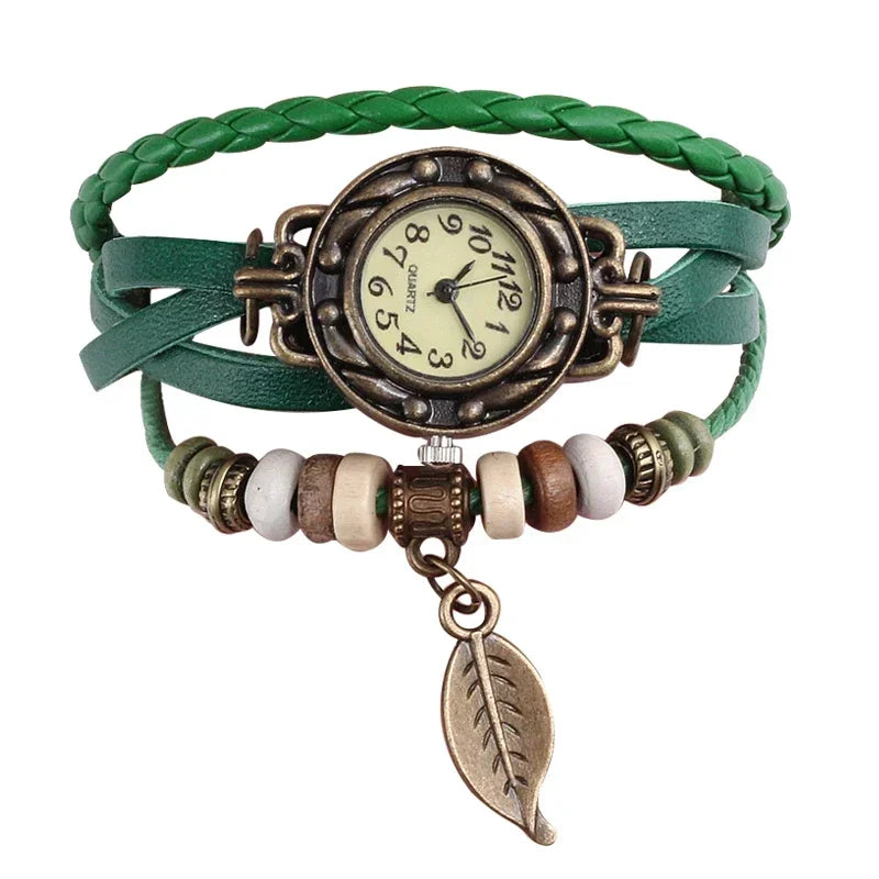MOONBIFFY - Montre Bracelet Femme Vintage Cuir - Petit Cadran - Breloque Décorative - Style Bohème