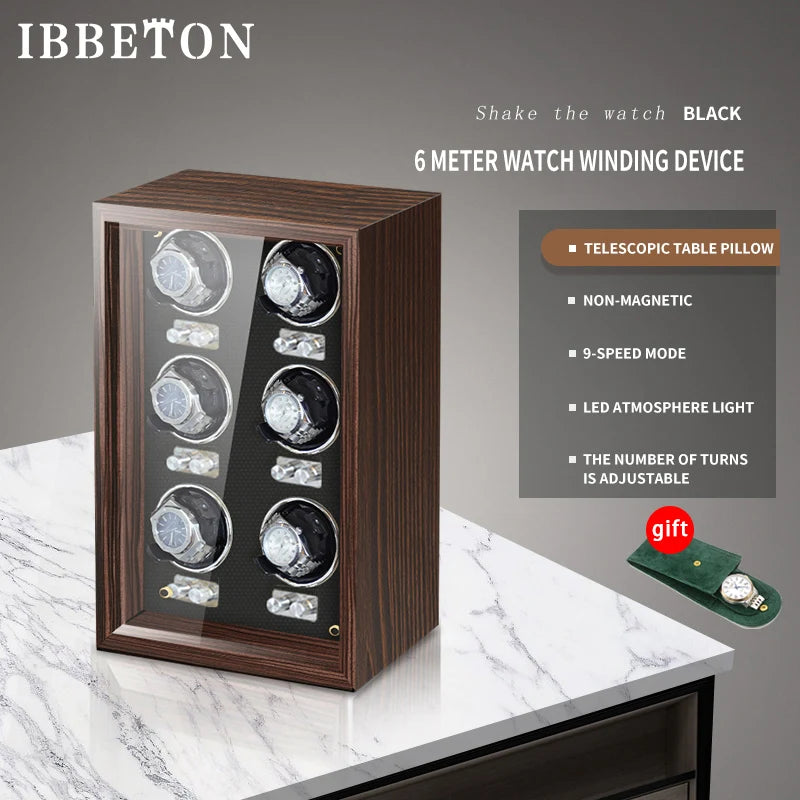 Remontoir à Montres Automatique IBBETON Luxe Cuir - Moteur Mabuchi - Armoire Rangement - 6 Montres - Garantie 3 Ans