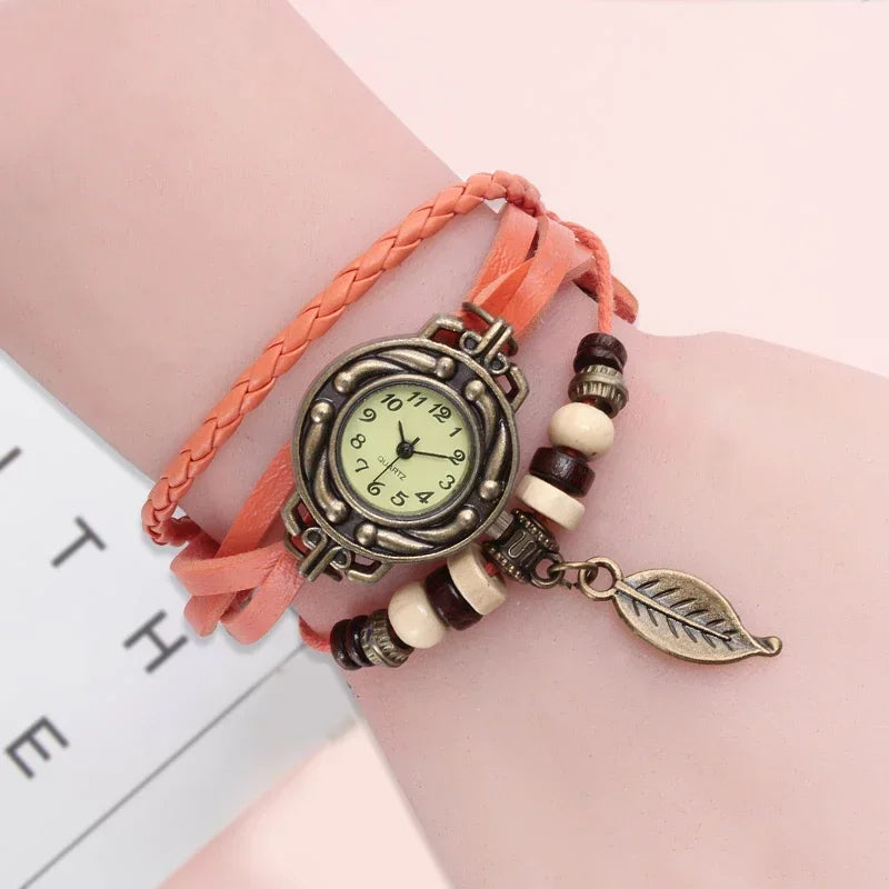 MOONBIFFY - Montre Bracelet Femme Vintage Cuir - Petit Cadran - Breloque Décorative - Style Bohème