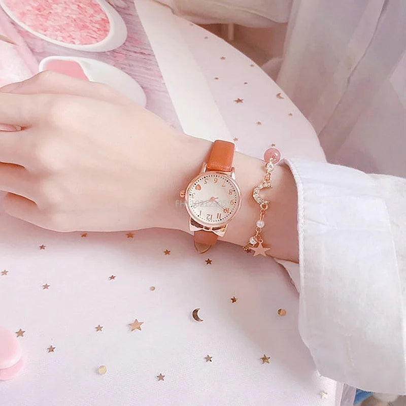 MOONBIFFY - Montre Enfant Fille + Bracelet Perles - Ensemble Cadeau - Bracelet Cuir Rose