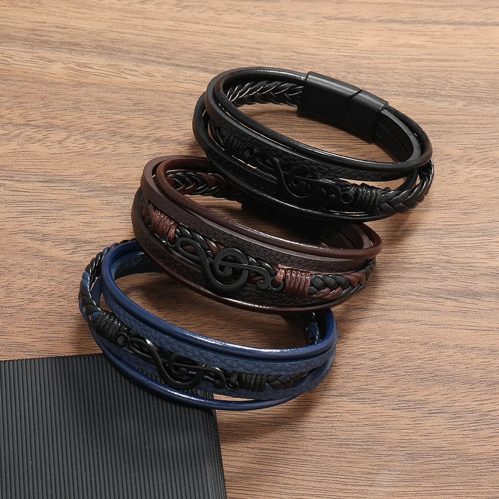 Bracelet Homme Multicouche Cuir Symbole Musique Boucle Magnétique Rétro