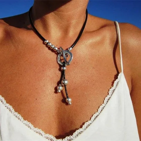 Collier Femme Bohème Cuir Pendentif Perles - Bijou Femme Vintage Fait Main