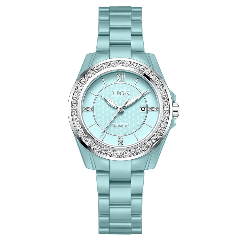 Montre Femme LIGE 2026 Rose – Quartz Céramique Élégante, Calendrier & Étanche 3 ATM