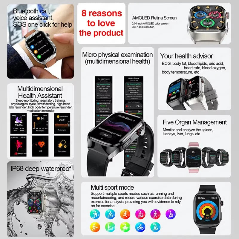 Montre Connectée Santé 2026 ECG - Lipides Sanguins, Acide Urique, Température, IP68, 650mAh, Appels BT